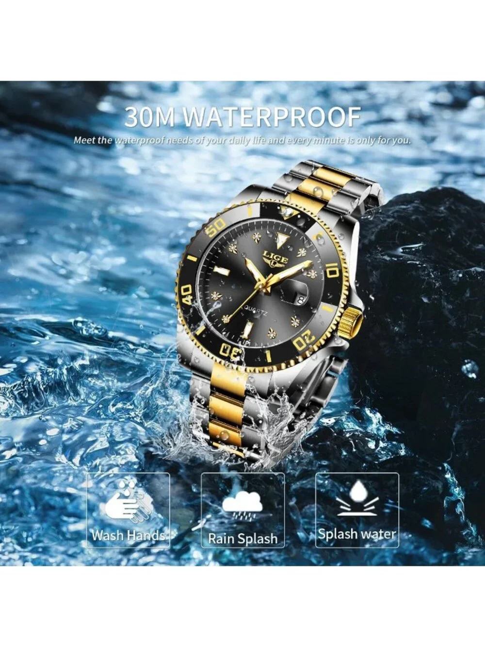 Men's Silver Gold Black Quartz Analog Stainless Steel Waterproof Date Wristwatch